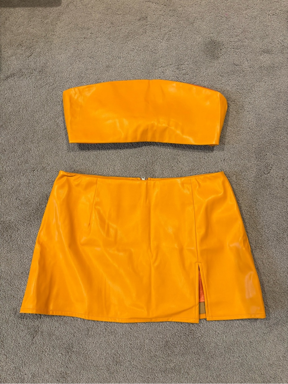 Peppermayo Bright Orange Faux Leather Mini Skirt with Front Slit